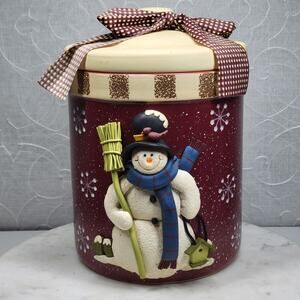 Vtg Snowman Cookie Jar 10” Red Ceramic Winter Holiday Kitchen Christmas Canister